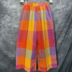 Next Girls 15yrs Orange Colorful Plaid Wide Leg Seersucker Pants Hippie Boho Y2K